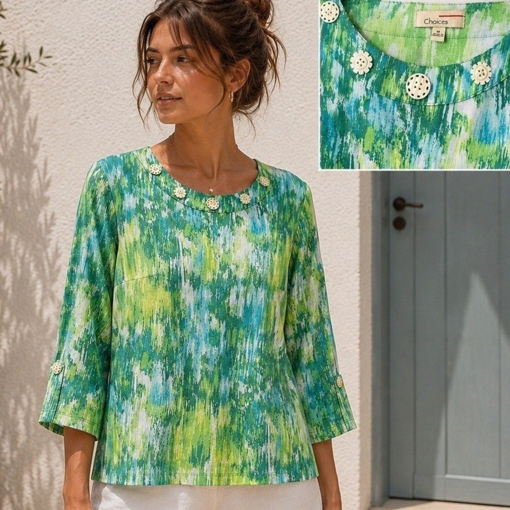 Womens Linen Top Size Medium Boxy Boho Resort Wearable Art Tropical Eclectic Y2K